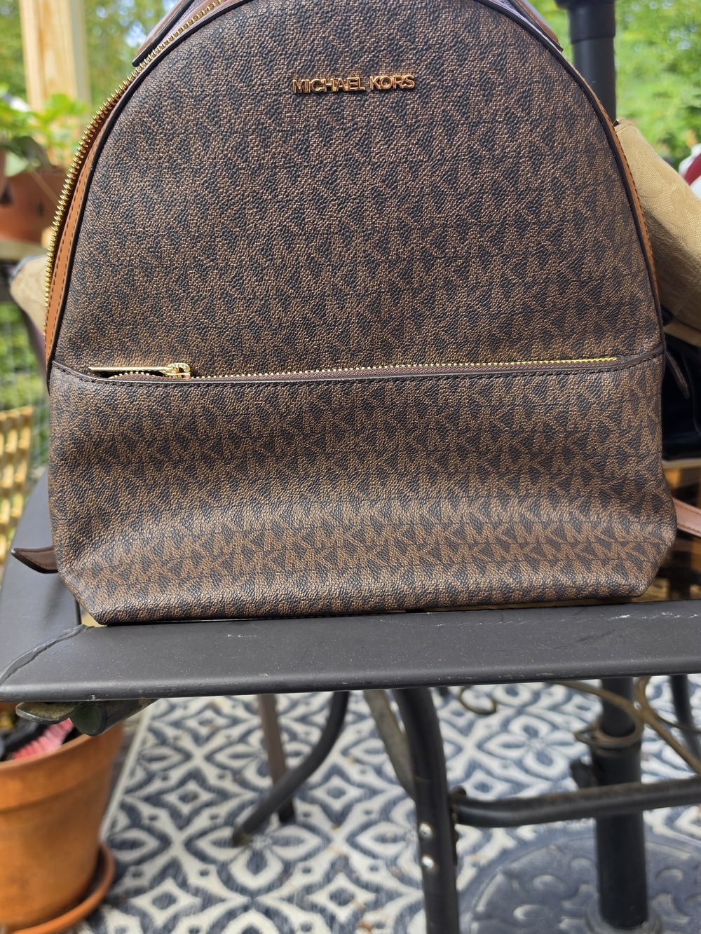Michael Kors Brown MK Monogram Leather Backpack with Gold Hardware